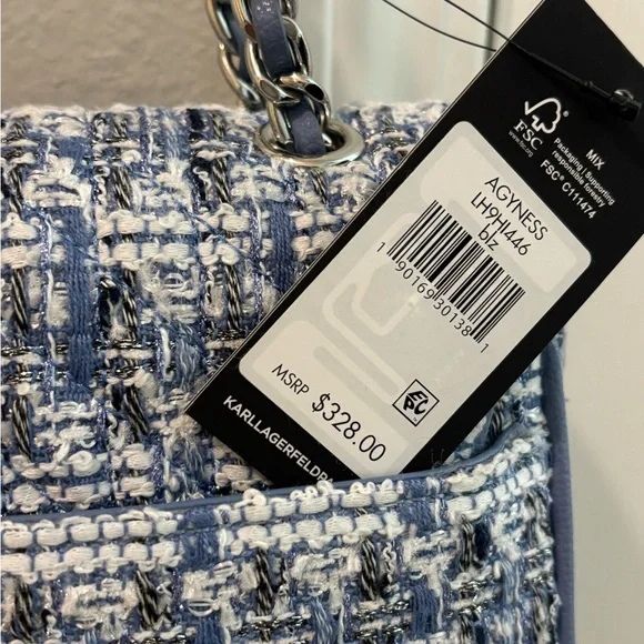 Karl Lagerfeld NWT Blue White Tweed Twist Lock Shoulder Bag - Picture 6 of 6
